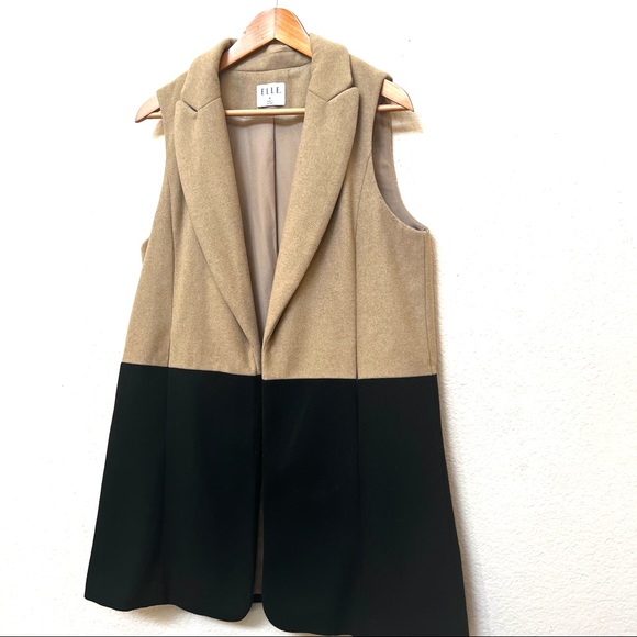 Elle Wool Blend Tan Black Colorblock Long Vest J-15 - Picture 5 of 14